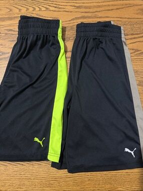 Puma set of 2 Black Boys Athletic Shorts with Neon Green and Tan Side Stripes